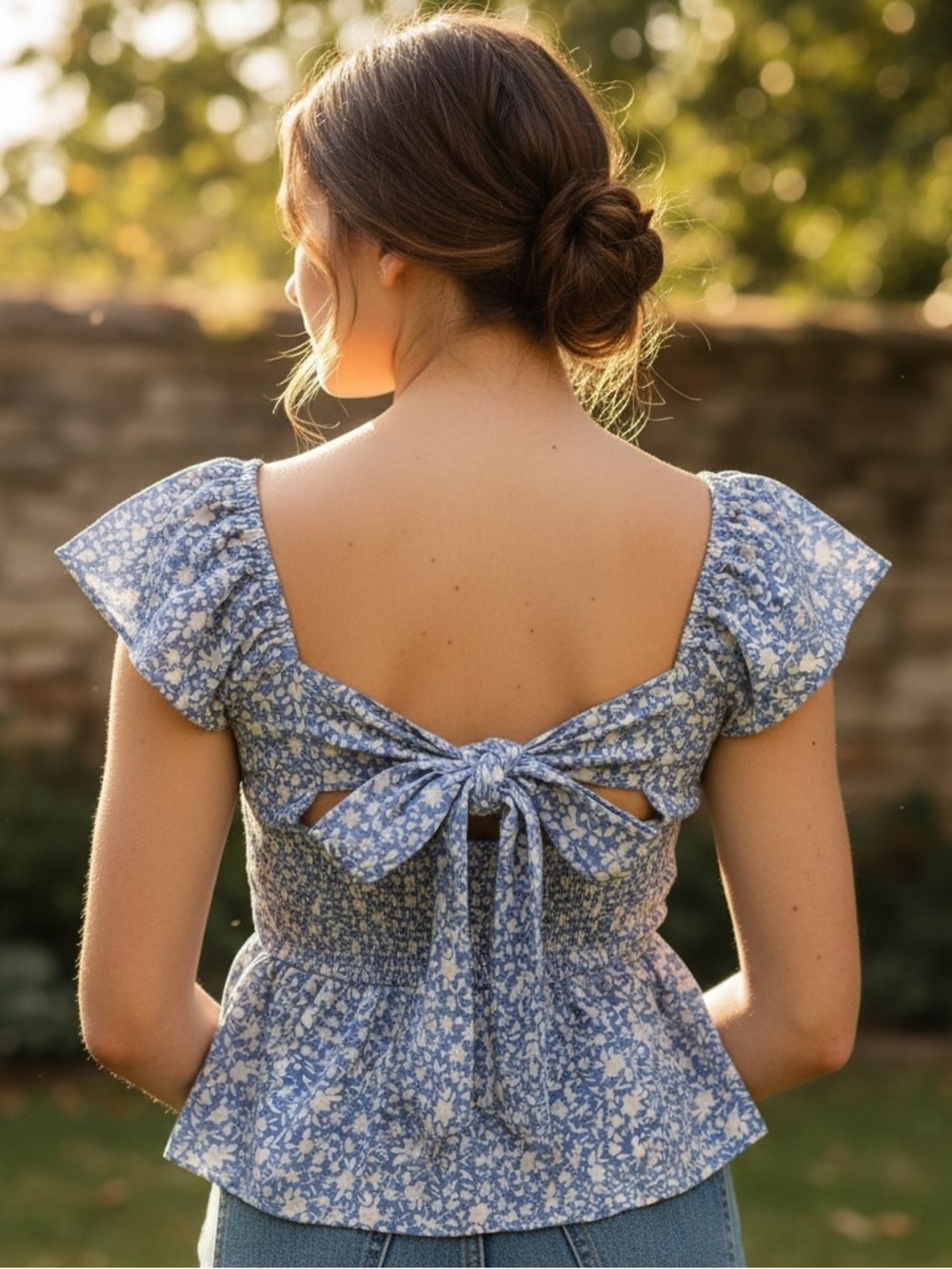 Blue Floral Tie-Back Peplum blouse